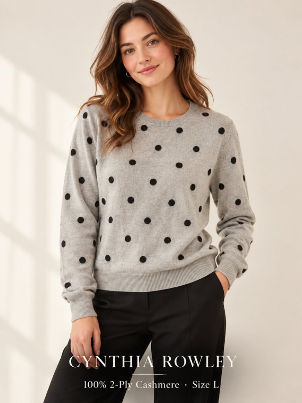 100% 2-Ply Cashmere Cynthia Rowley Polka Dot Sweater Gray Black Size L